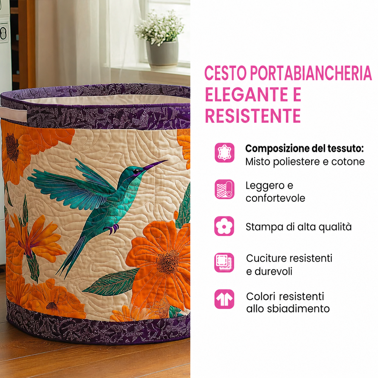 Cesto portabiancheria trapuntato con gatti