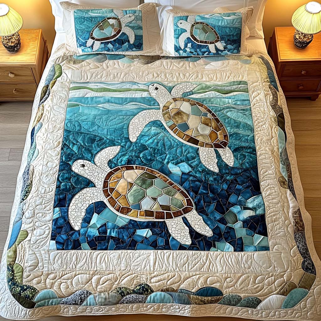Set di biancheria da letto trapuntata in 3 pezzi - Tartarughe Marine