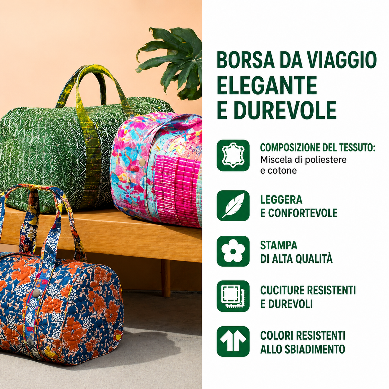 Borsa da viaggio trapuntata con motivo pesca
