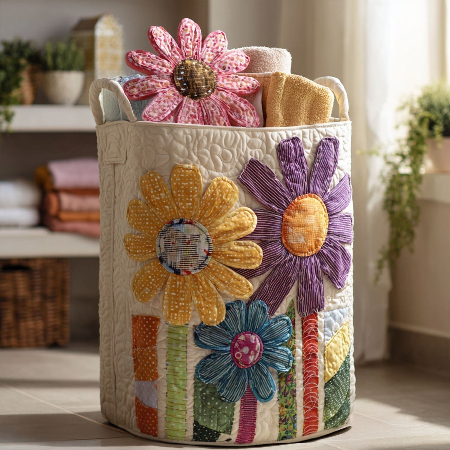 Cesto portabiancheria trapuntato con fiori vintage