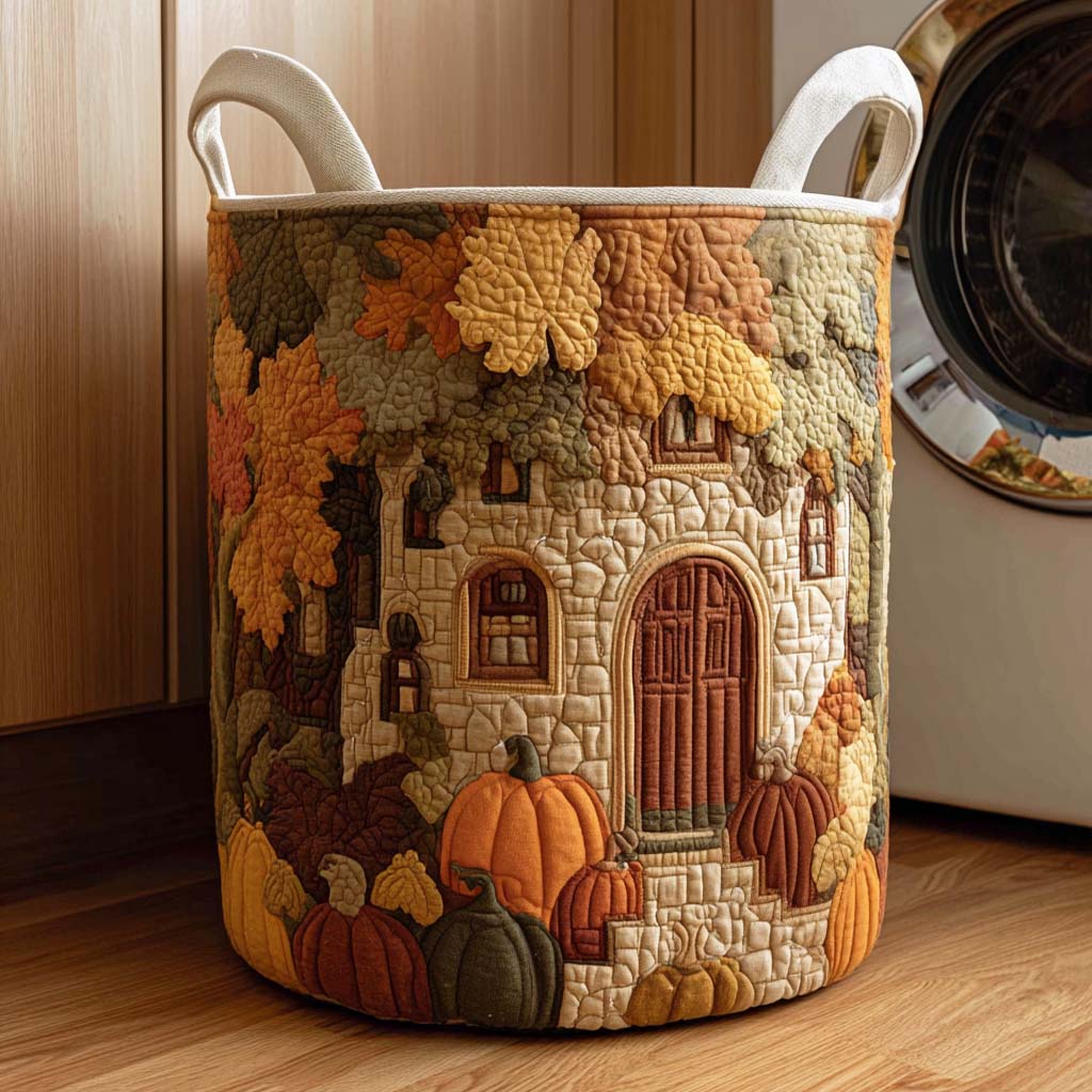 Cesto portabiancheria trapuntato con foglie d’autunno