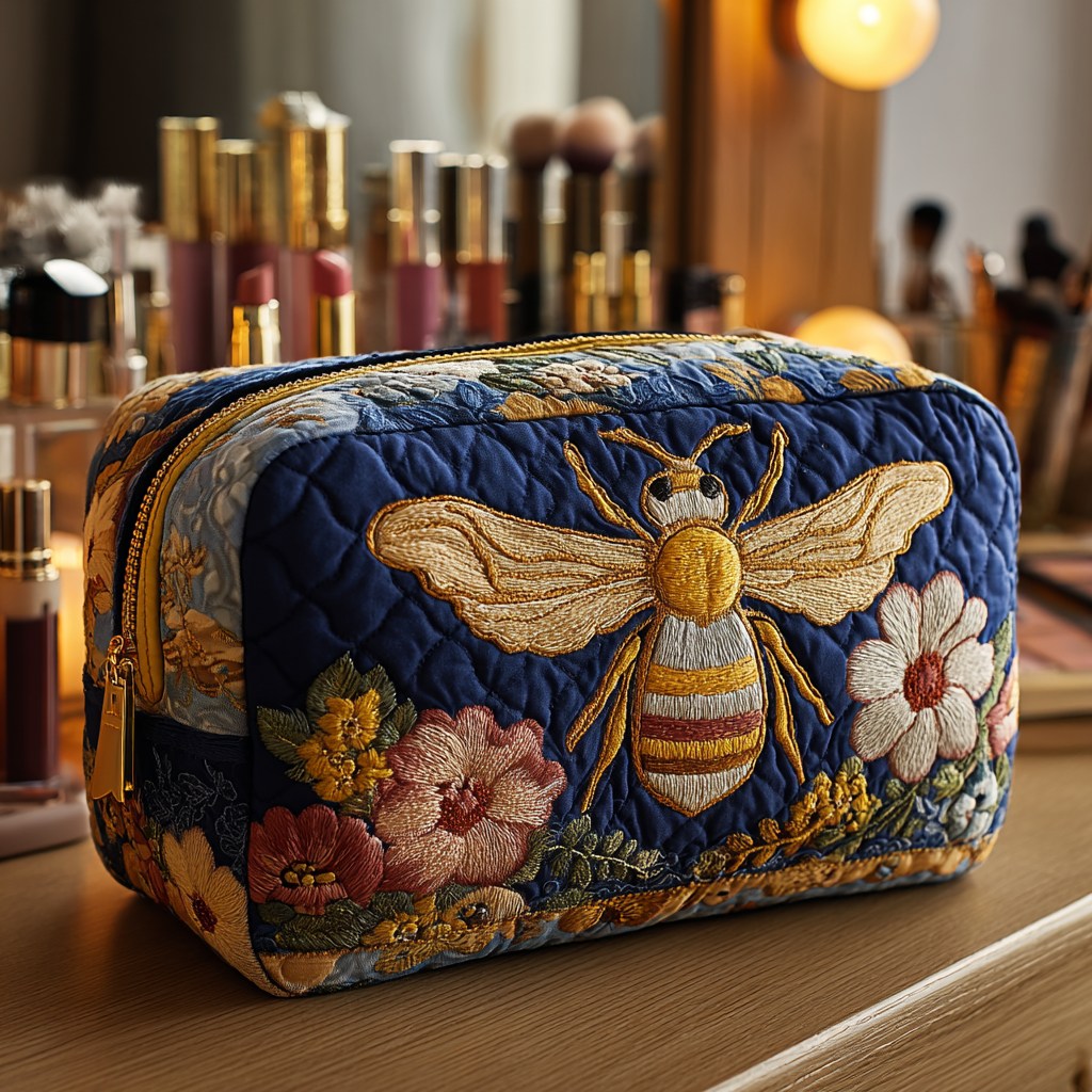 Beauty case trapuntato con api e fiori