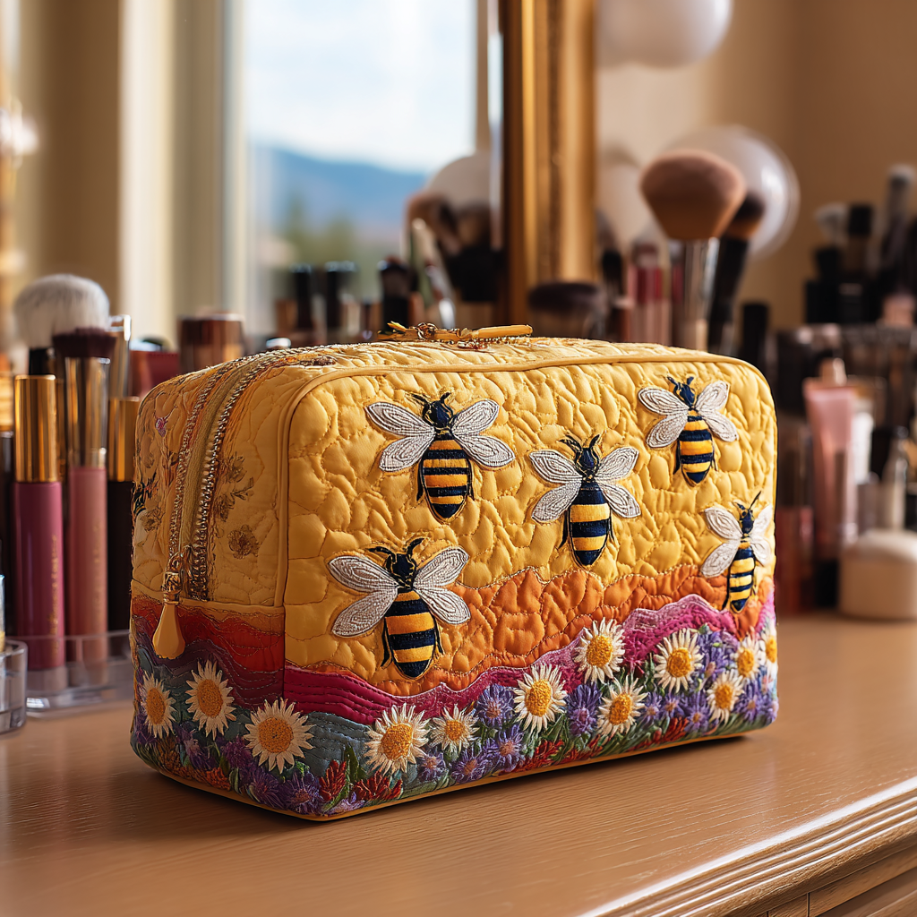 Beauty case trapuntato con api e fiori