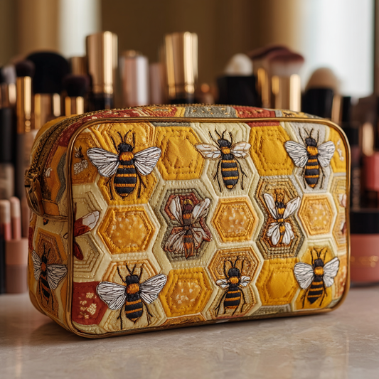 Beauty case trapuntato con api nel prato
