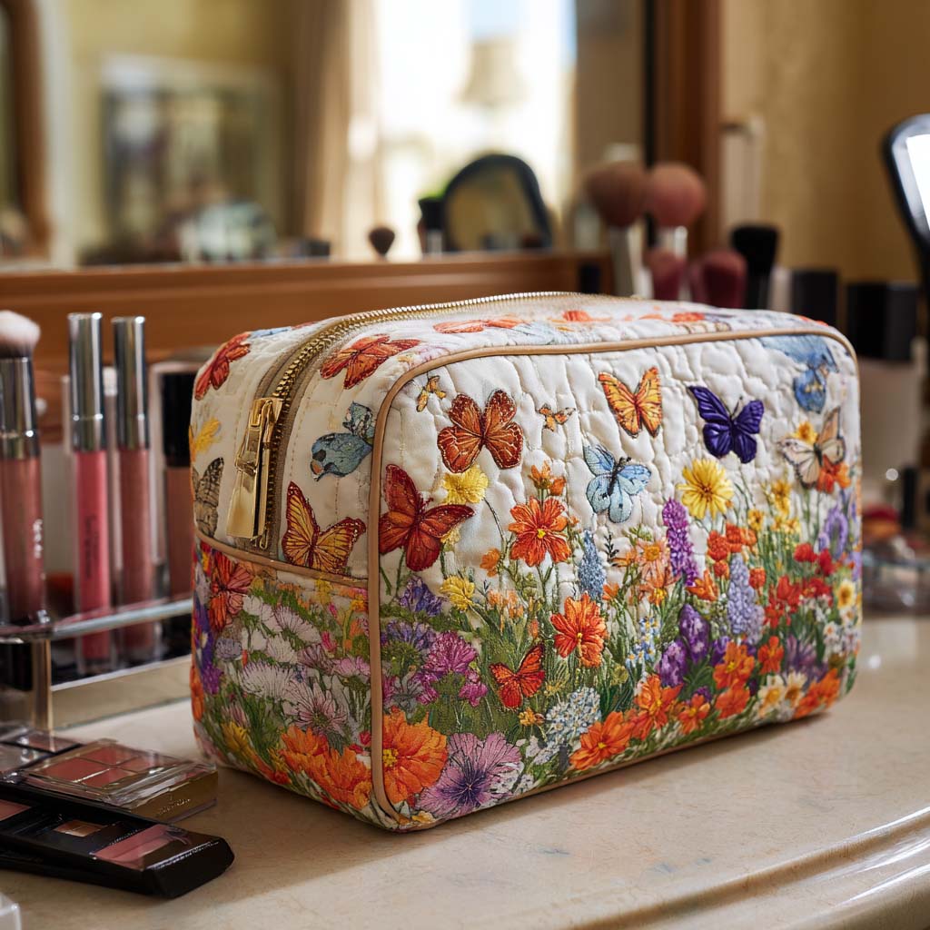 Beauty case trapuntato con giardino fiorito