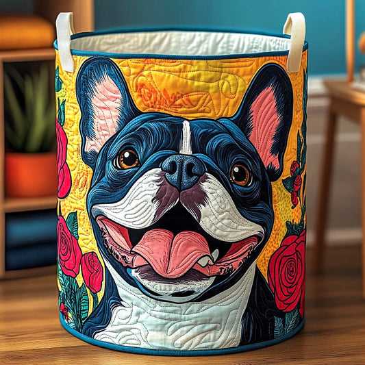 Cesto portabiancheria trapuntato con Bulldog francese e fiori