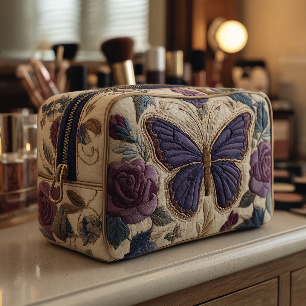 Beauty case trapuntato con farfalle e fiori