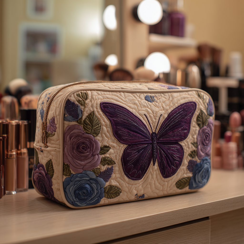 Beauty case trapuntato con farfalla