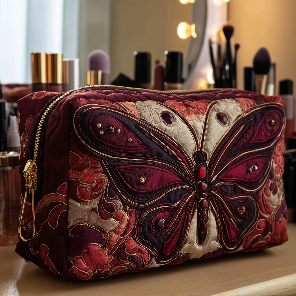 Beauty case trapuntato con giardino di farfalle