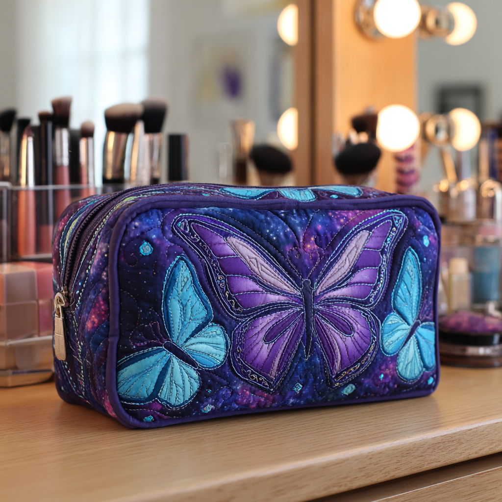 Beauty case trapuntato con farfalle nel prato