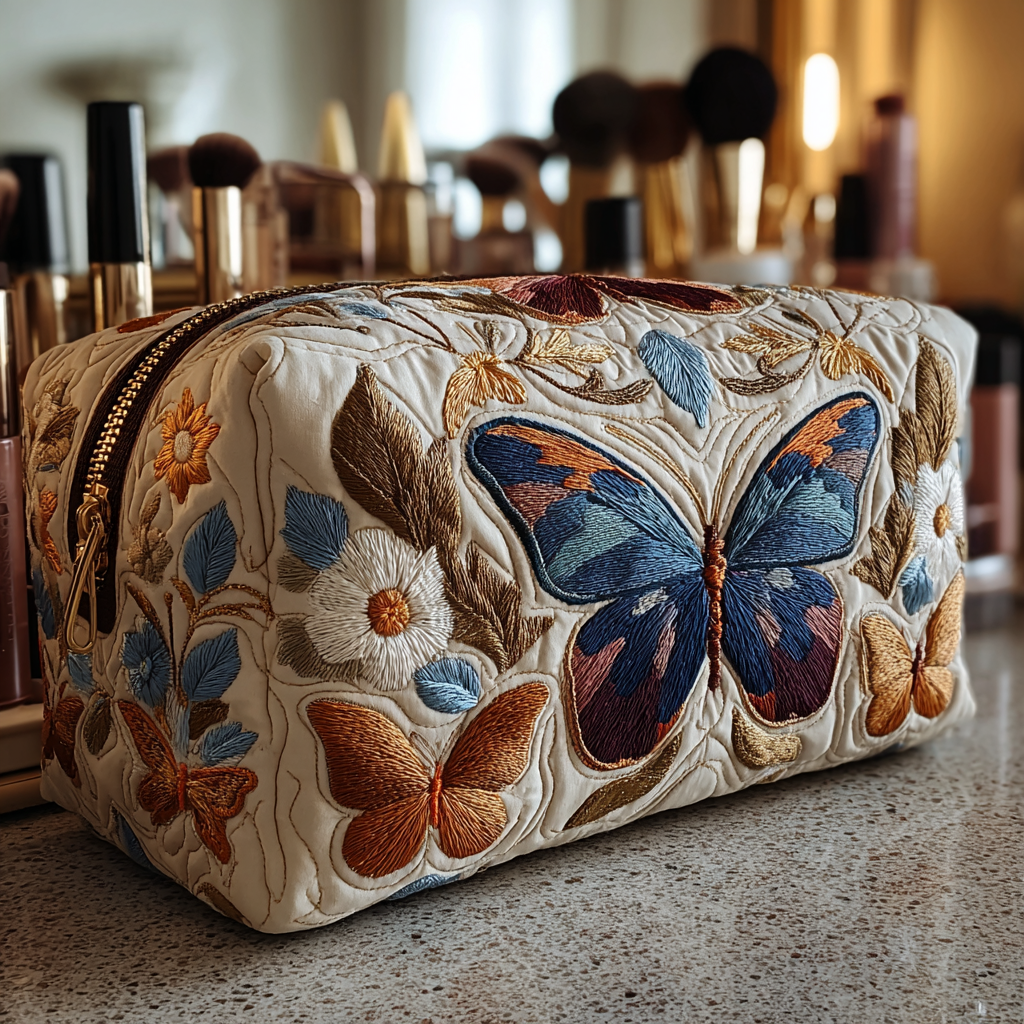 Beauty case trapuntato con farfalle delicate