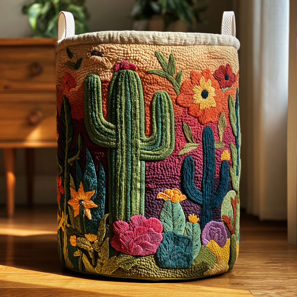 Cesto portabiancheria trapuntato con cactus