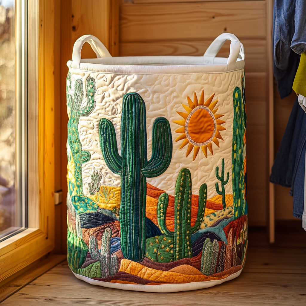 Cesto portabiancheria trapuntato con cactus