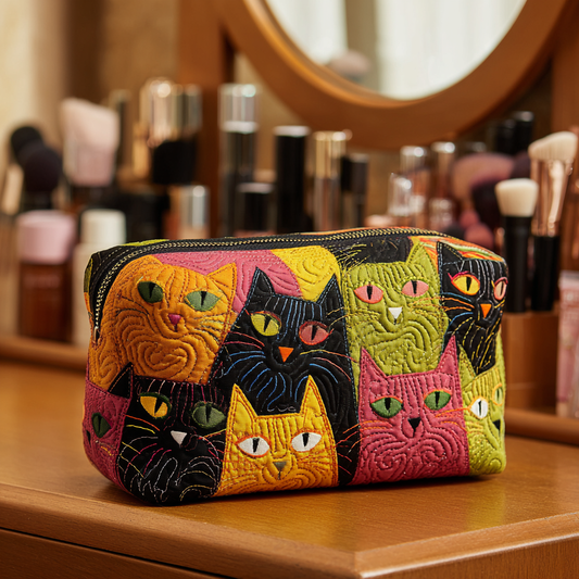 Beauty case trapuntato con gatto in giardino