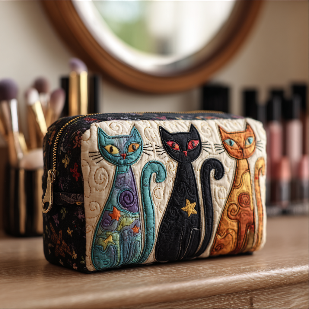Beauty case trapuntato con gatto luminoso