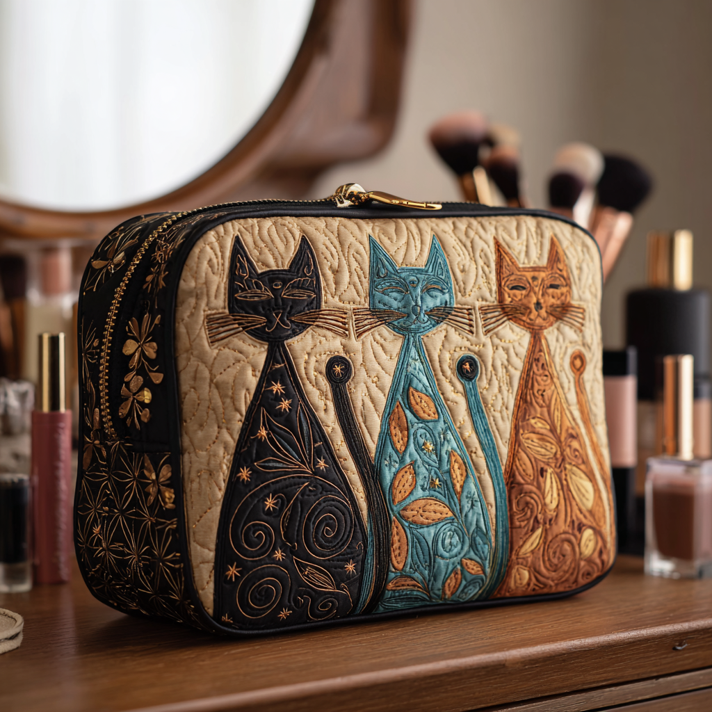 Beauty case trapuntato con gatto armonioso
