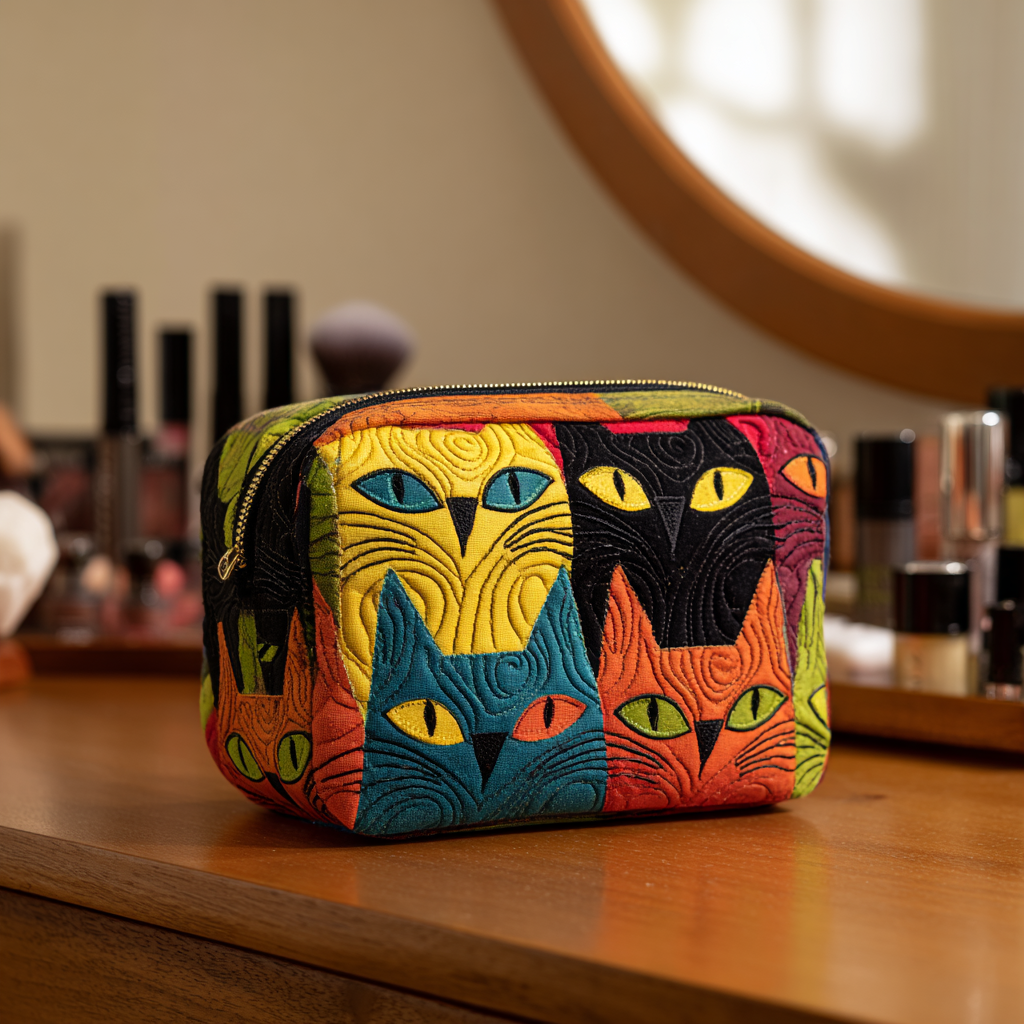 Beauty case trapuntato con gatto magico