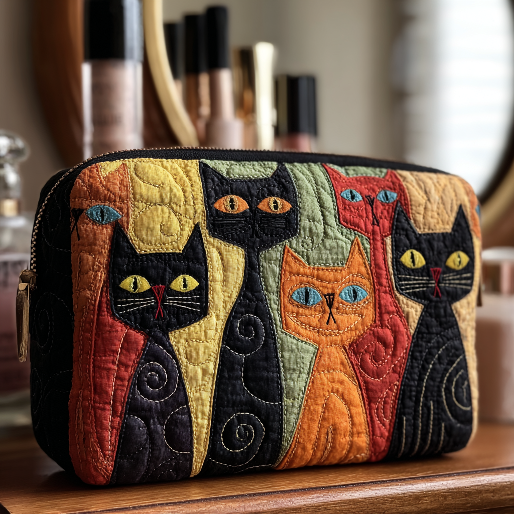 Beauty case trapuntato con gatto decorativo