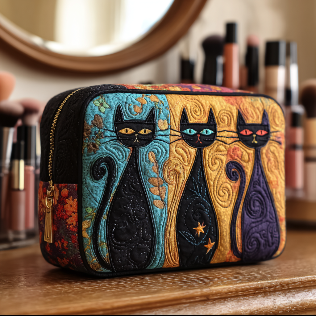 Beauty case trapuntato con gatto curioso