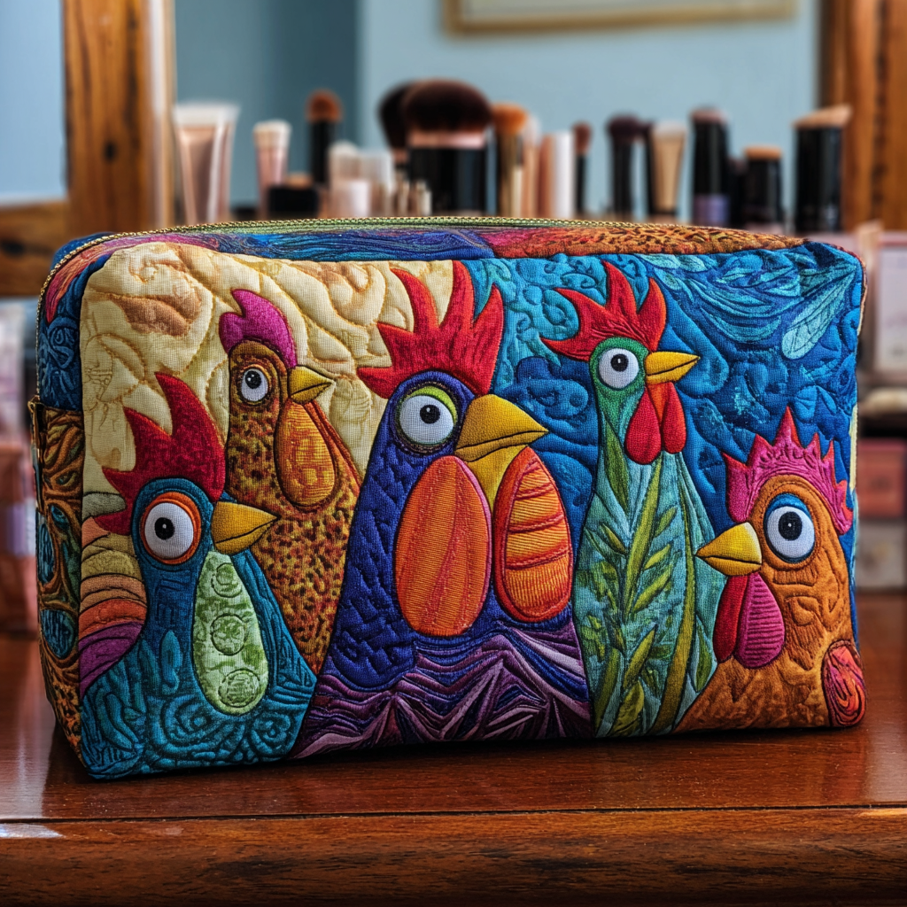 Beauty case trapuntato con gallina e fiori
