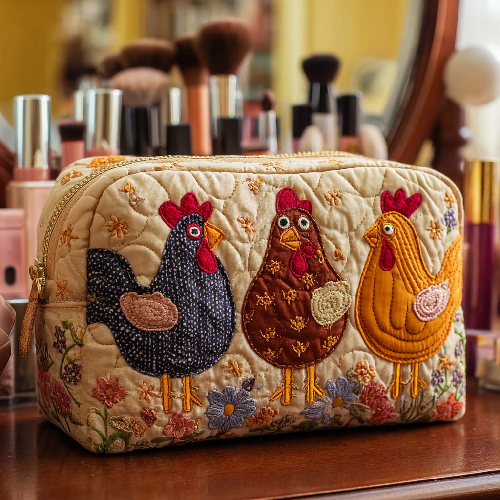 Beauty case trapuntato con gallina decorativa