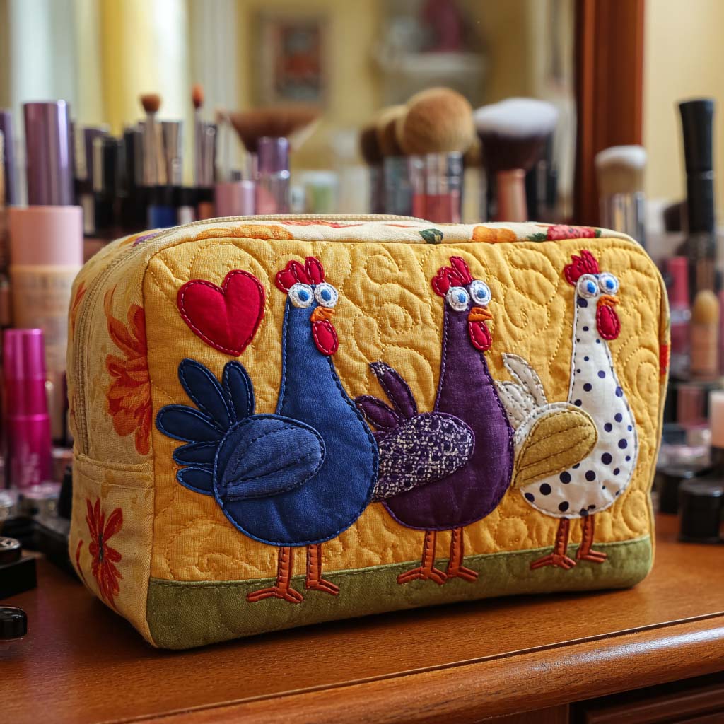 Beauty case trapuntato con gallina decorativa
