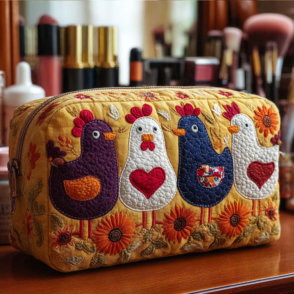 Beauty case trapuntato con piume di gallina
