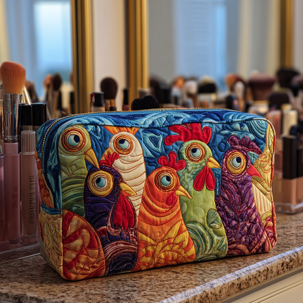 Beauty case trapuntato con galline in giardino