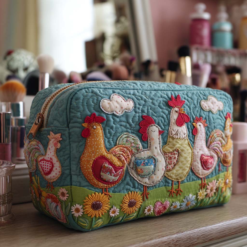 Beauty case trapuntato con galline in giardino