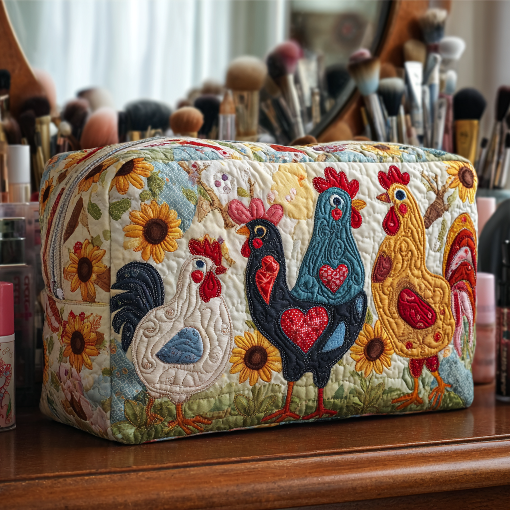 Beauty case trapuntato con galline tra gli alberi