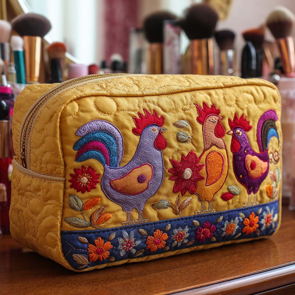 Beauty case trapuntato con galline nel giardino