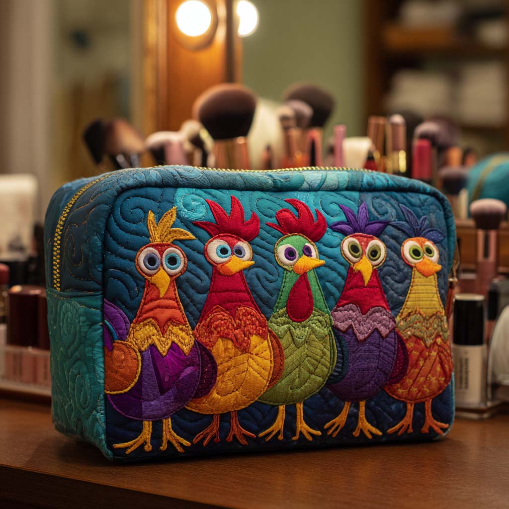 Beauty case trapuntato con gallina e cuori