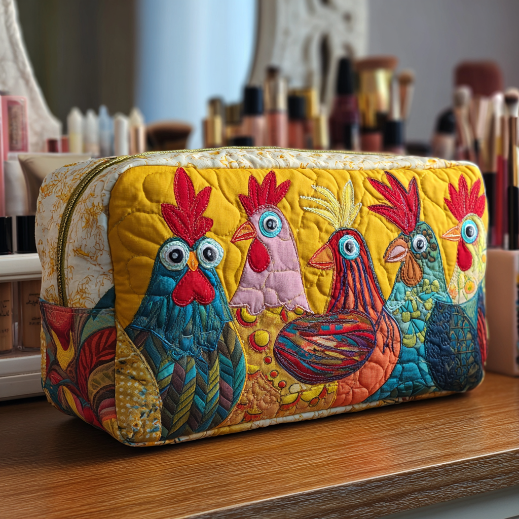 Beauty case trapuntato con galline nel prato