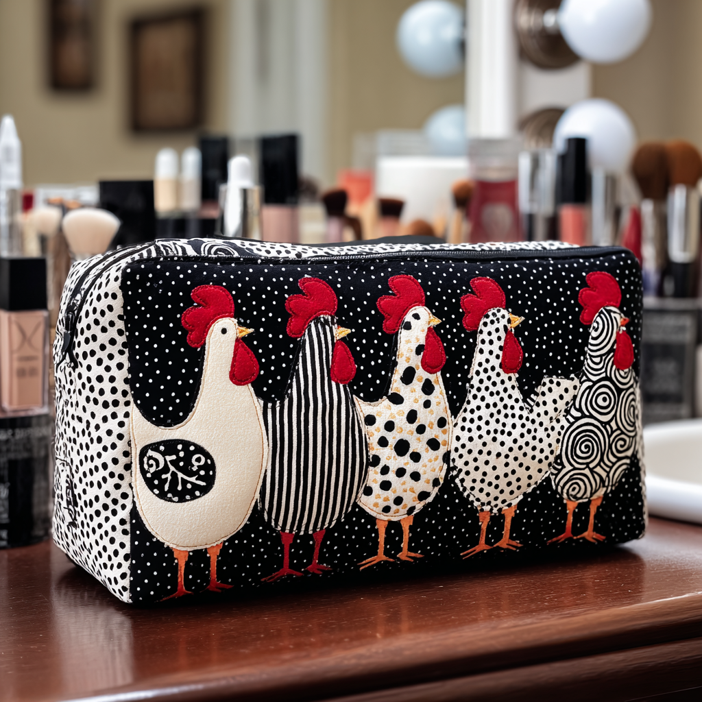 Beauty case trapuntato con gallina nel nido