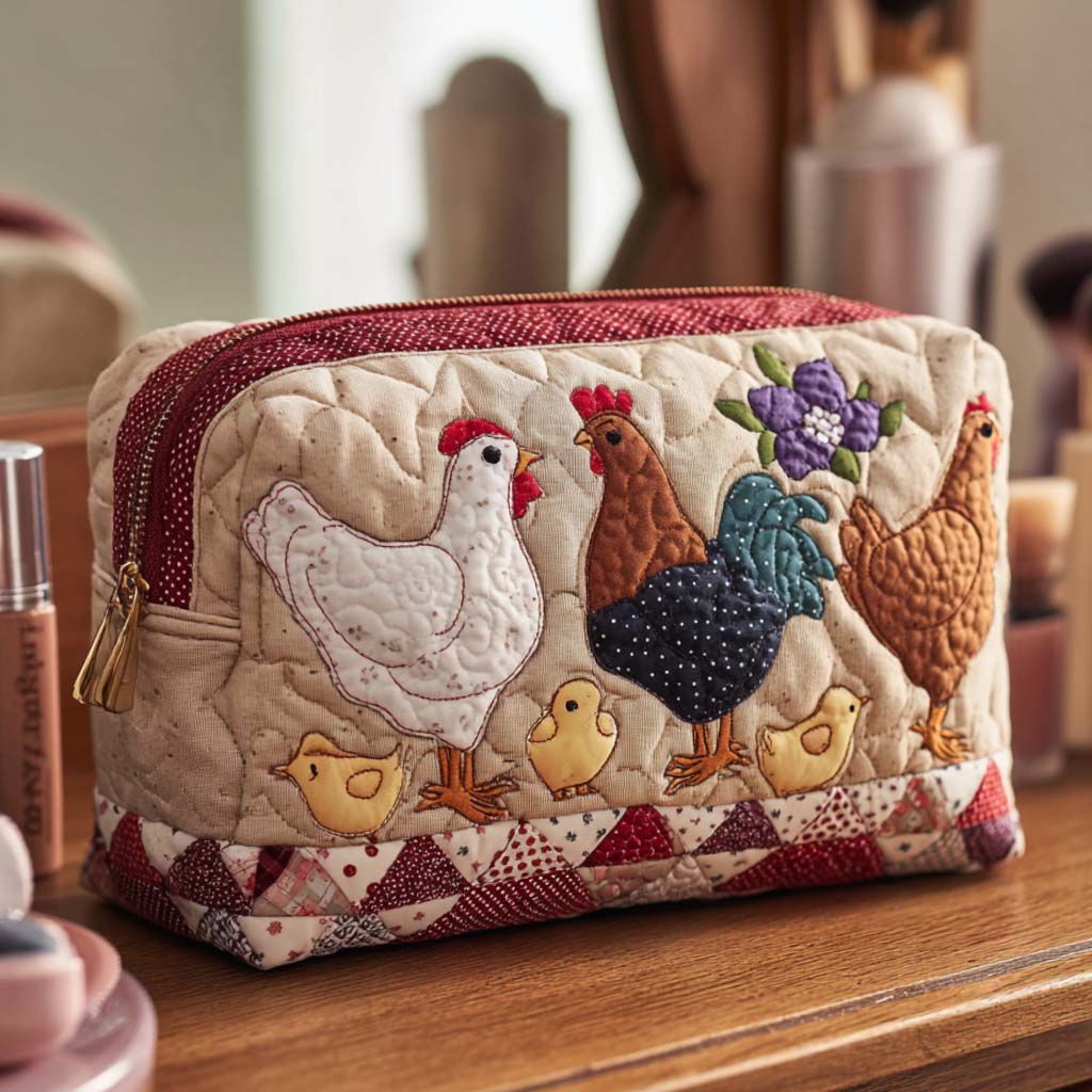 Beauty case trapuntato con gallina nel nido