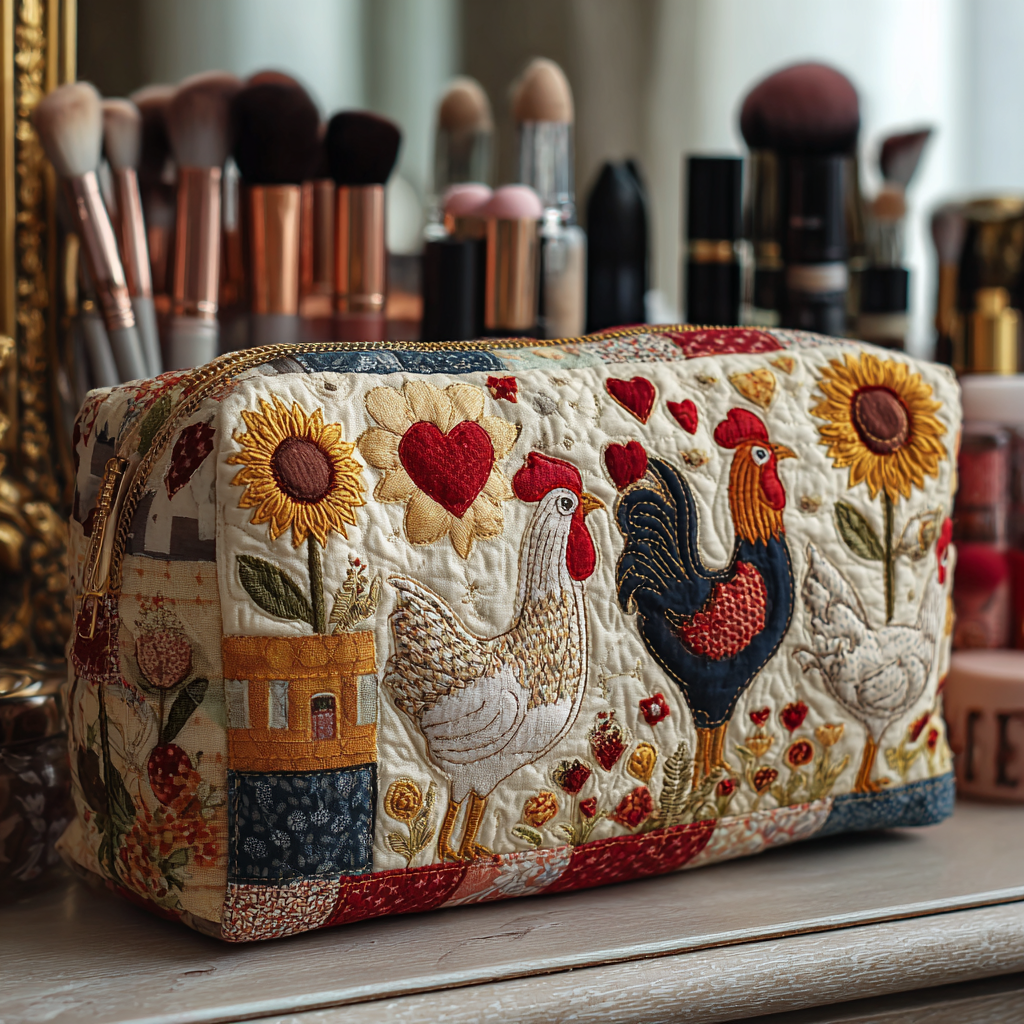 Beauty case trapuntato con galline nella valle