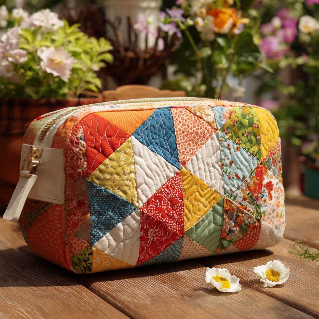 Beauty case trapuntato con fantasia colorata retrò