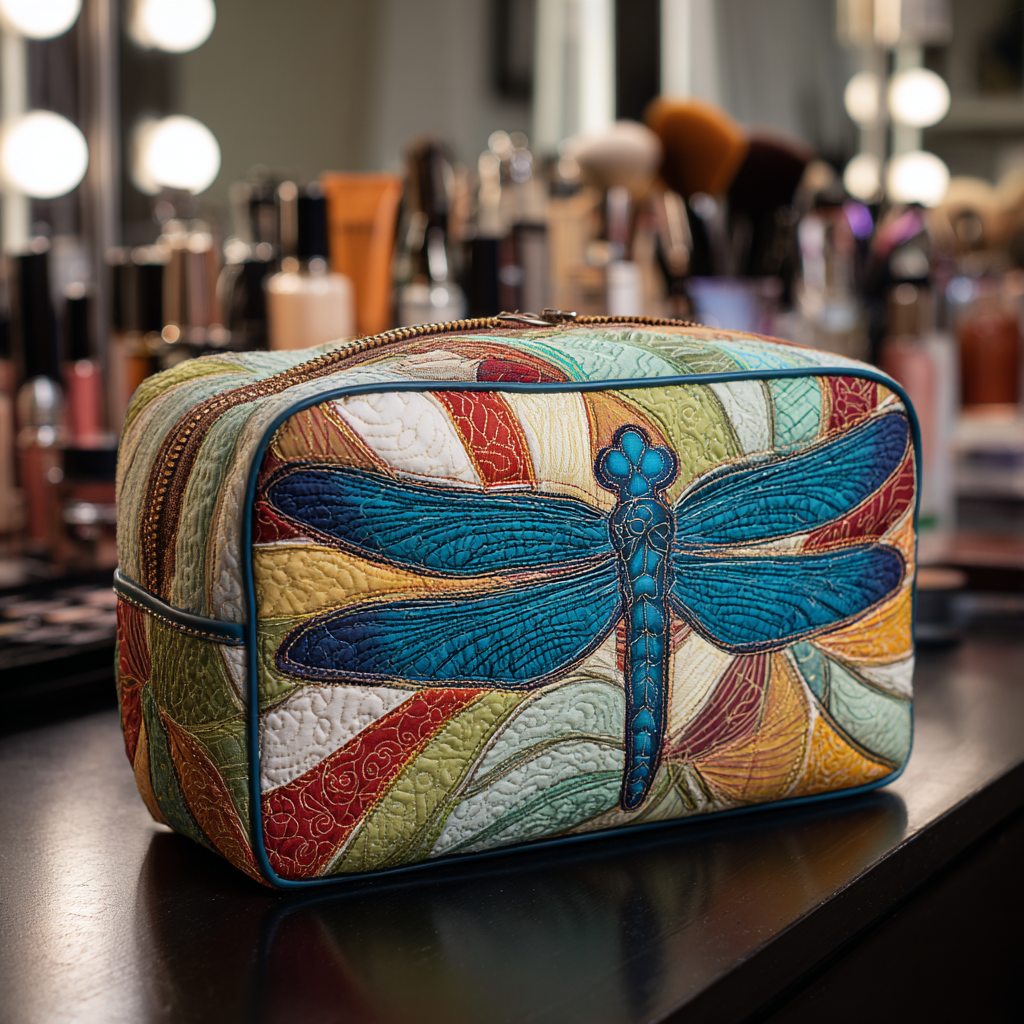 Beauty case trapuntato con libellula colorata