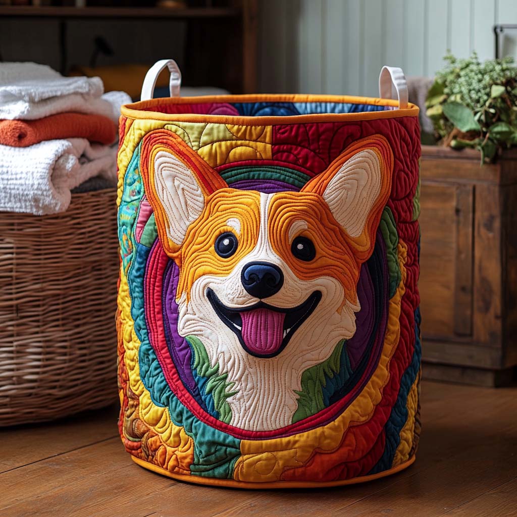 Cesto portabiancheria trapuntato con Corgi