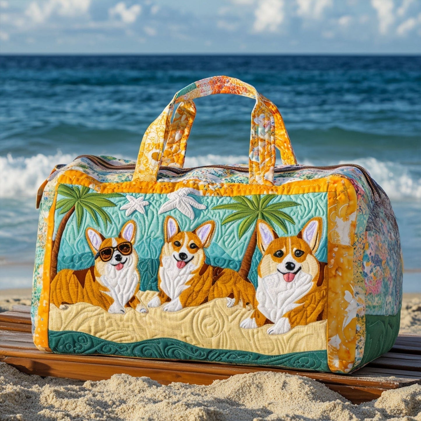 Borsa da viaggio trapuntata con corgi in spiaggia