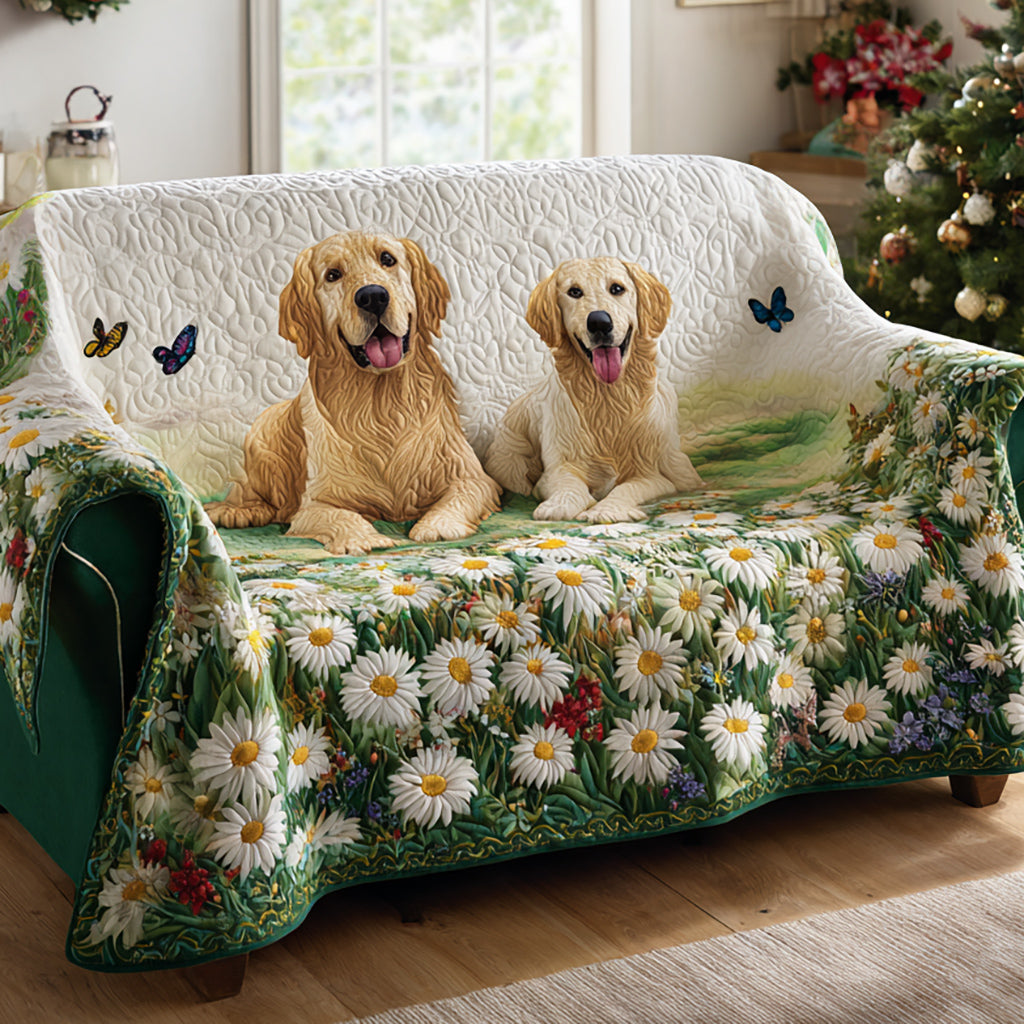Copridivano trapuntato con Golden Retriever e margherite