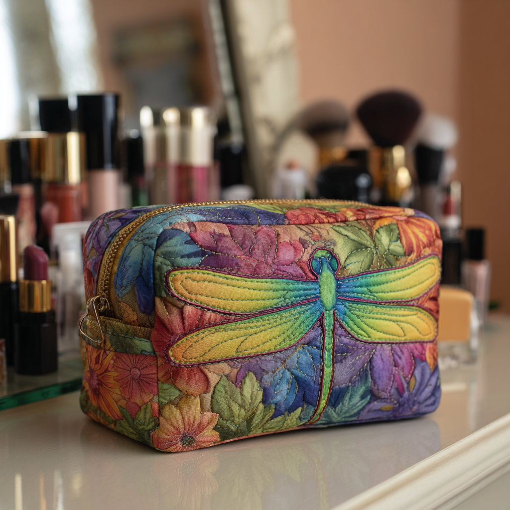 Beauty case trapuntato con libellule nel prato
