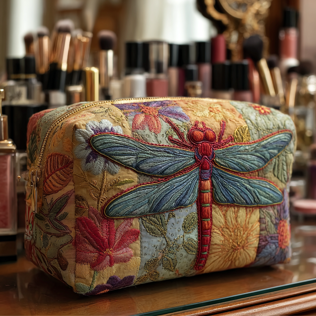 Beauty case trapuntato con libellula elegante