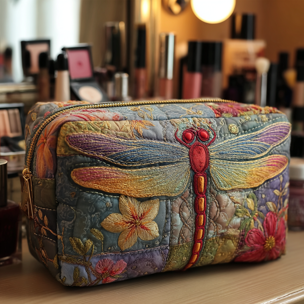 Beauty case trapuntato con libellule nel prato