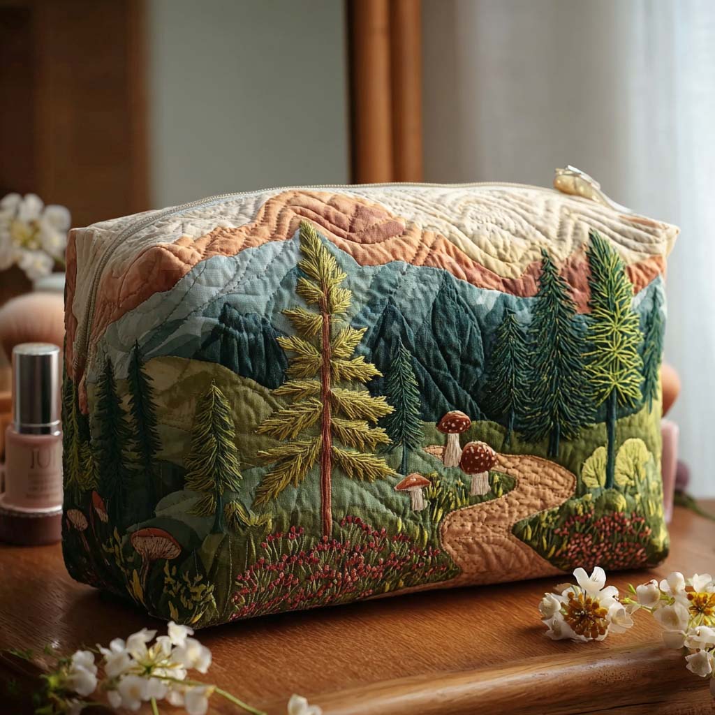 Beauty case trapuntato con bosco sempreverde