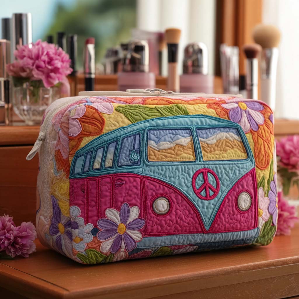 Beauty case trapuntato con pulmino floreale