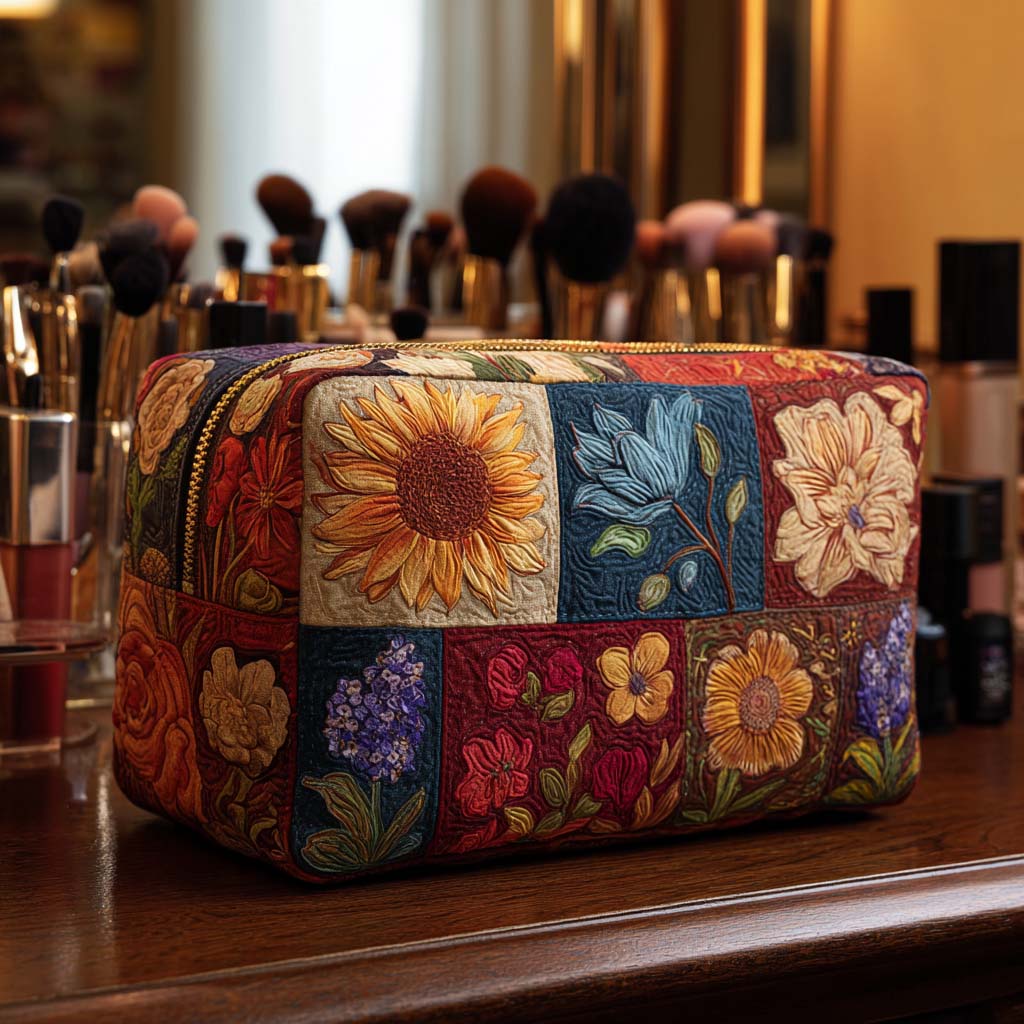 Beauty case trapuntato con fiori