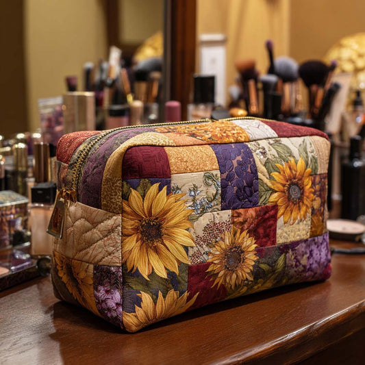 Beauty case trapuntato con fiore dorato