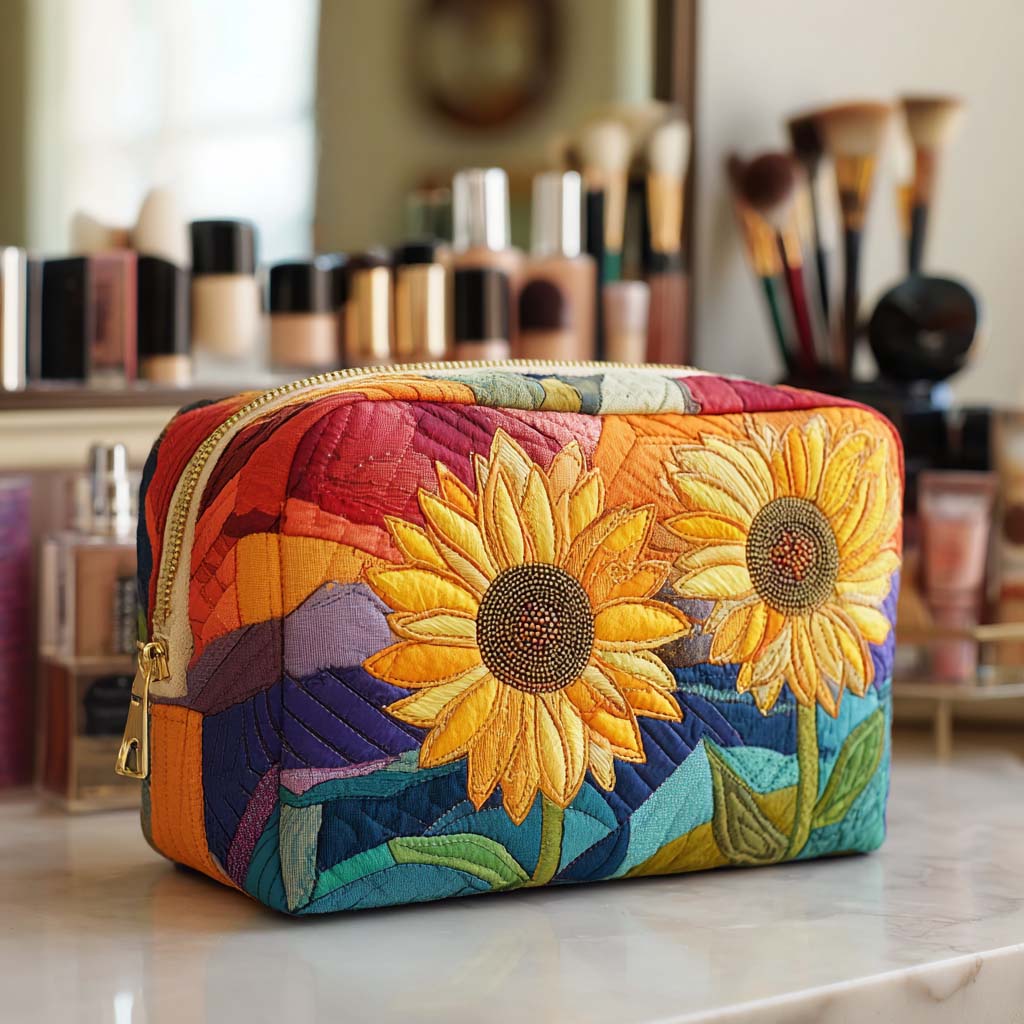 Beauty case trapuntato con fiore dorato
