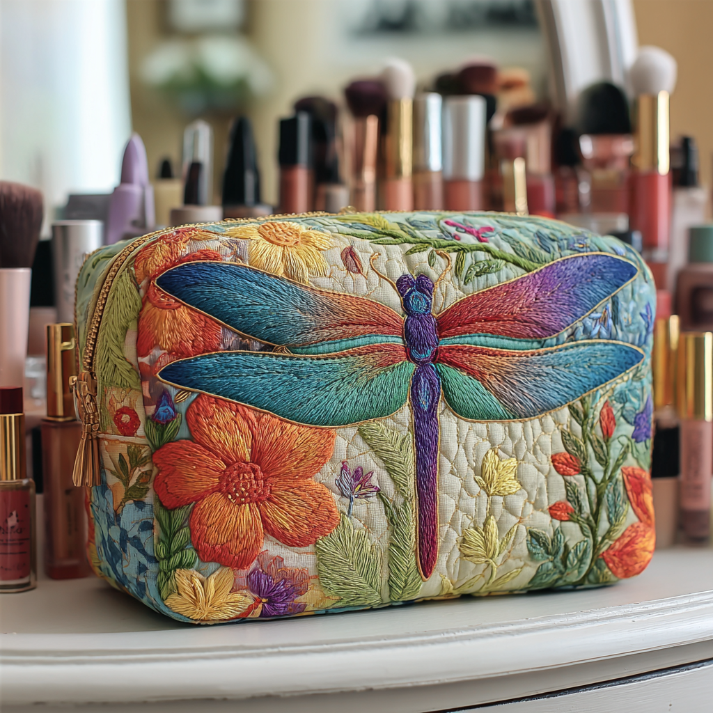 Beauty case trapuntato con libellula dorata